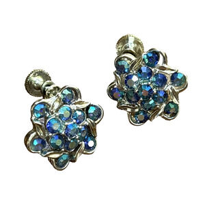 Vintage Longcraft Earrings Silver & Light Blue AB Rhinestones Round Screwbacks